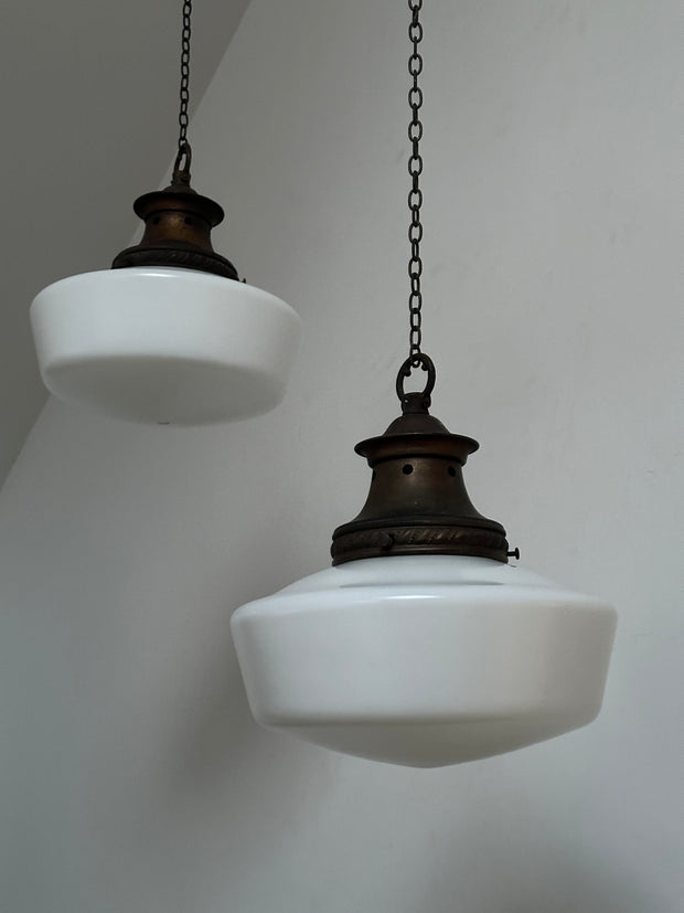 Set Run Antique Vintage Satin Church Opaline Milk Glass Ceiling Pendants Light Lamps