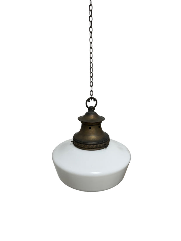 Antique Vintage English Church Opaline Milk Glass Ceiling Pendant Light With Finial