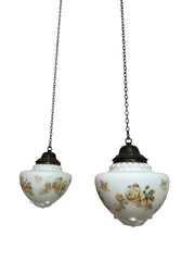 Pair Antique Edwardian Satin Opaline Milk Glass Painted Floral Ceiling Pendants Light