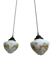 Pair Antique Edwardian Satin Opaline Milk Glass Painted Floral Ceiling Pendants Light