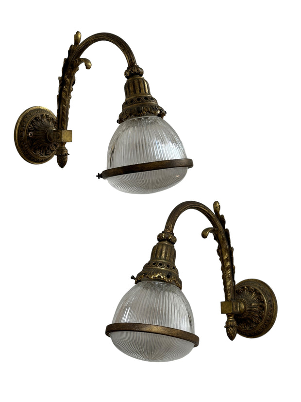 Pair Set Antique Vintage French Gilt Bronze Holophane Wall Light Lamp Sconces