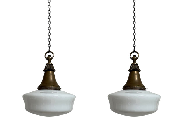 Pair Set Antique Vintage Church Opaline Milk White Glass Ceiling Pendants Lights