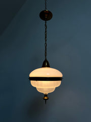 Antique Vintage German Bauhaus Opaline Brass Milk Glass Ceiling Pendant Light Lamp