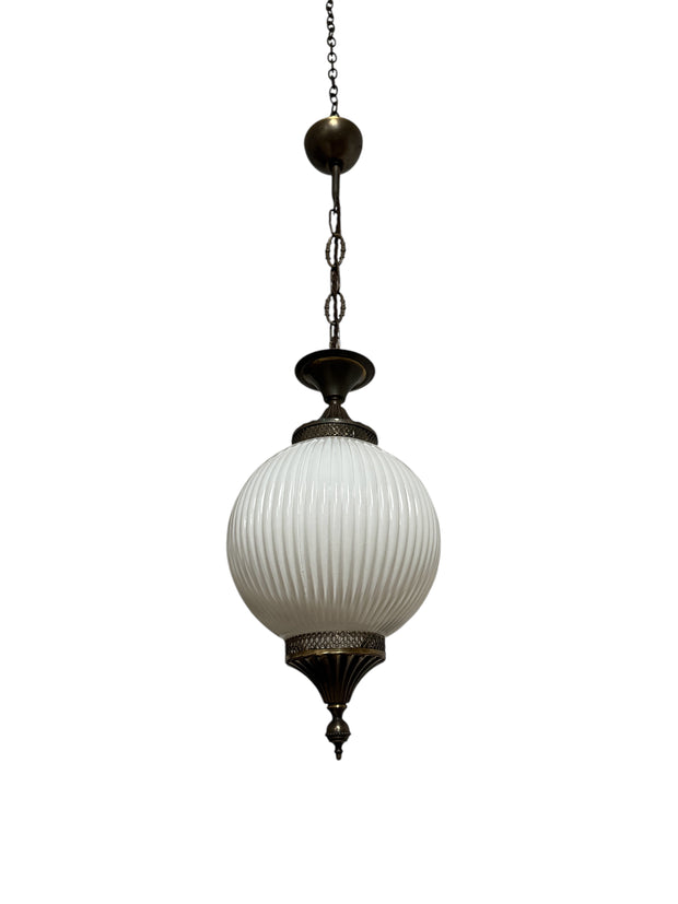 Antique Vintage French Ribbed Opaline Milk Glass Ceiling Pendant Light