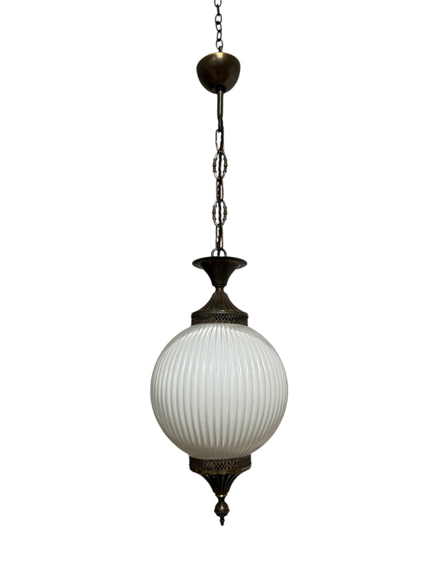 Antique Vintage French Ribbed Opaline Milk Glass Ceiling Pendant Light