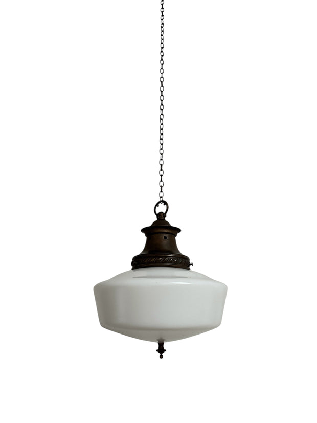 Antique Vintage English Church Opaline Milk Glass Ceiling Pendant Light With Finial