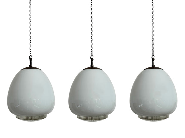 Set Run Antique Vintage Diffused Tulip Opaline Milk Glass Ceiling Pendants By Sunglow