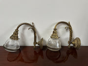 Pair Set Antique Vintage French Gilt Bronze Holophane Wall Light Lamp Sconces