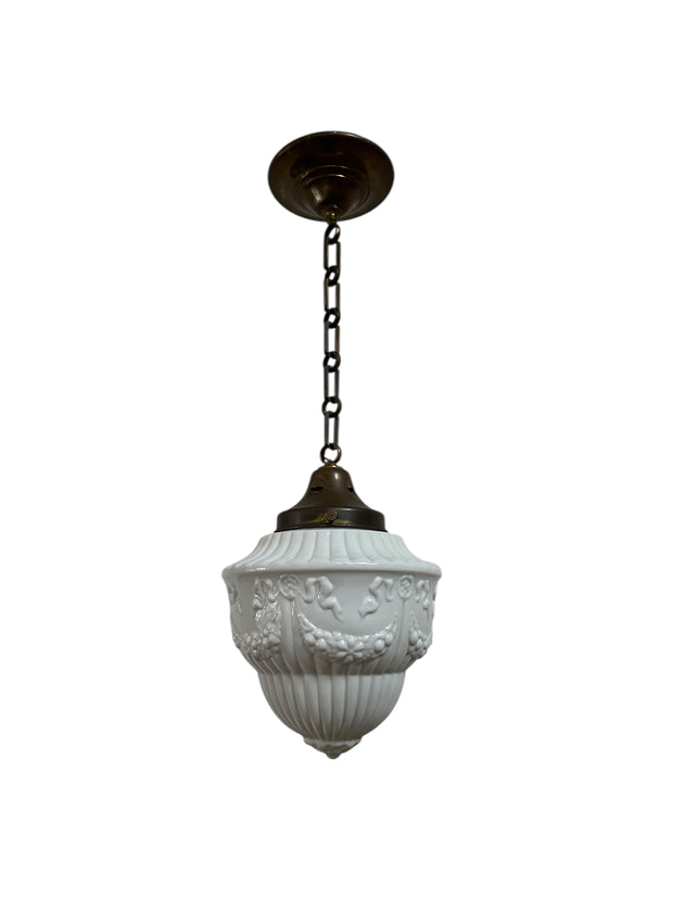 Antique Vintage French Opaline Milk Glass Ceiling Pendant Light With Ceiling Rose