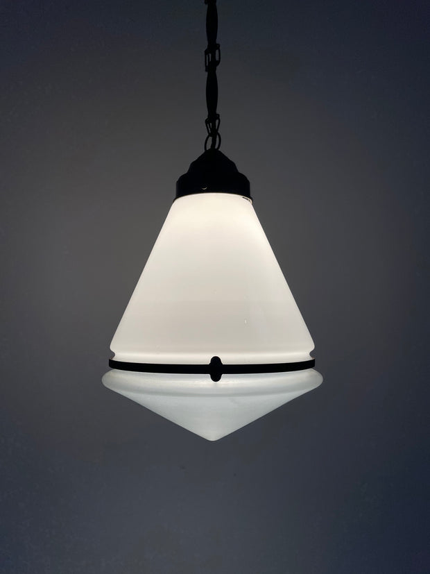 Antique Vintage Industrial Conical Opaline Milk Glass Ceiling Pendant By Peter Behrens