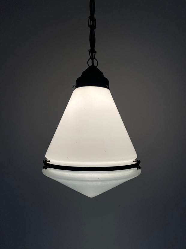 Antique Vintage Industrial Conical Opaline Milk Glass Ceiling Pendant By Peter Behrens