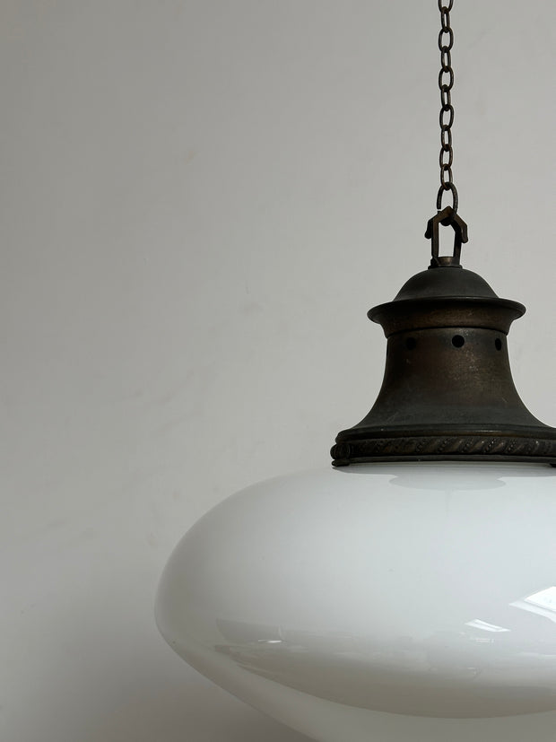 Pair Set Antique Vintage Ovaloid Church Opaline Milk Glass Ceiling Pendants Light Lamp