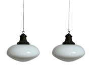 Pair Set Antique Vintage Ovaloid Church Opaline Milk Glass Ceiling Pendants Light Lamp