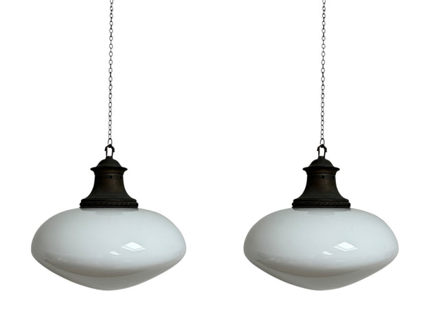 Pair Set Antique Vintage Ovaloid Church Opaline Milk Glass Ceiling Pendants Light Lamp