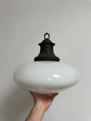 Pair Set Antique Vintage Ovaloid Church Opaline Milk Glass Ceiling Pendants Light Lamp