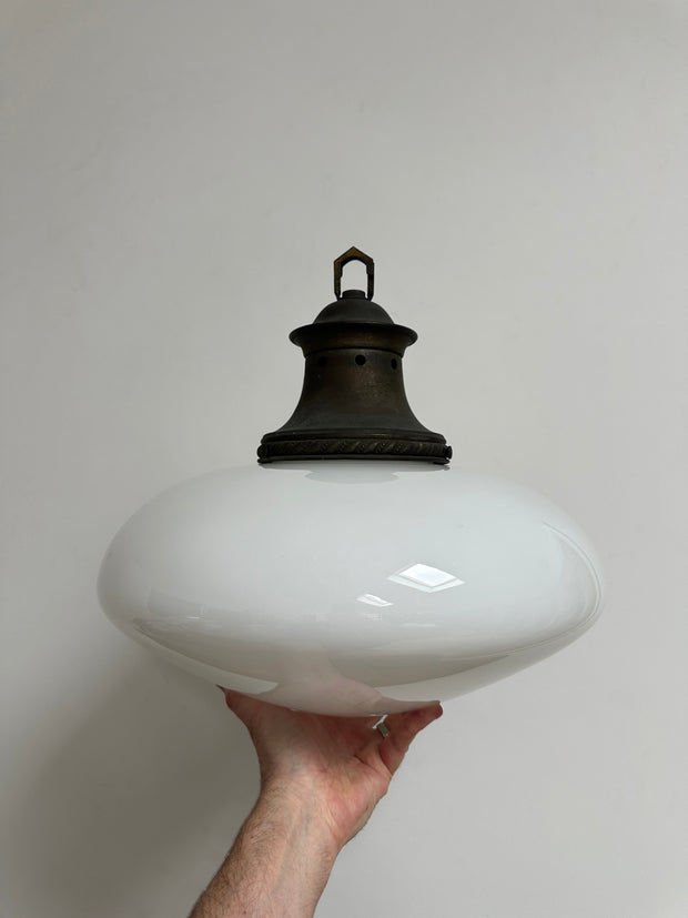 Pair Set Antique Vintage Ovaloid Church Opaline Milk Glass Ceiling Pendants Light Lamp