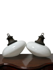 Pair Set Antique Vintage Ovaloid Church Opaline Milk Glass Ceiling Pendants Light Lamp