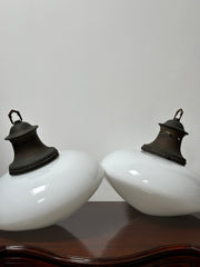 Pair Set Antique Vintage Ovaloid Church Opaline Milk Glass Ceiling Pendants Light Lamp