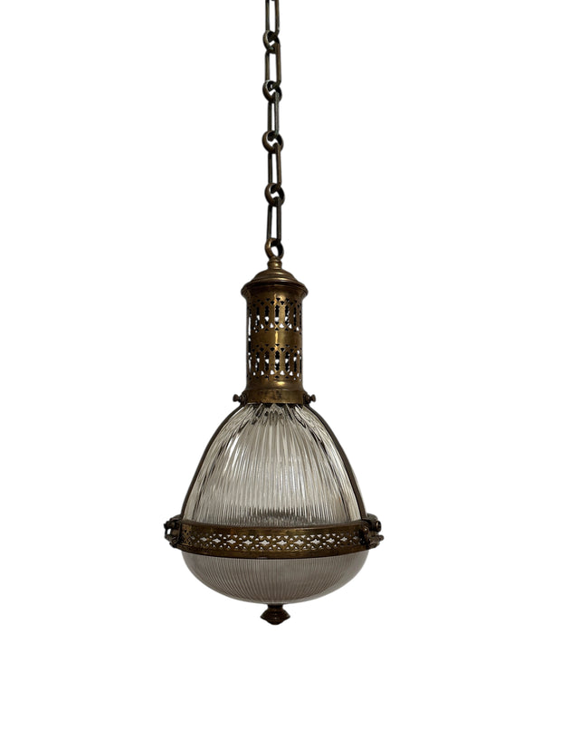 Antique Vintage French Brass Caged Holophane Ceiling Pendant Light Lamp