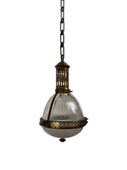 Antique Vintage French Brass Caged Holophane Ceiling Pendant Light Lamp