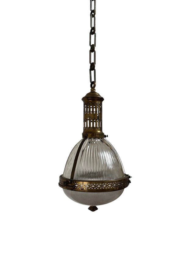 Antique Vintage French Brass Caged Holophane Ceiling Pendant Light Lamp