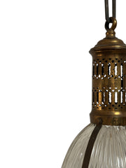 Antique Vintage French Brass Caged Holophane Ceiling Pendant Light Lamp