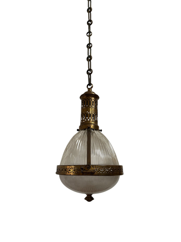 Antique Vintage French Brass Caged Holophane Ceiling Pendant Light Lamp