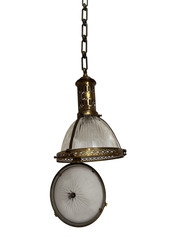Antique Vintage French Brass Caged Holophane Ceiling Pendant Light Lamp