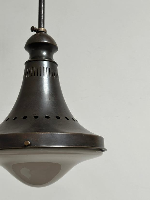 Antique Vintage Industrial Bronze Opaline Ceiling Pendant Light By Philips