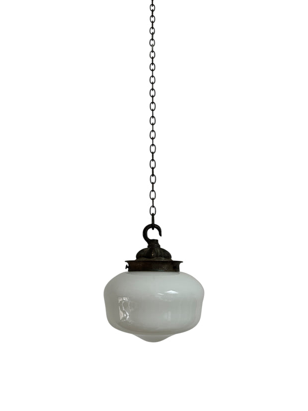 Small Petite Antique Vintage Opaline Milk Glass Brass Ceiling Pendant Light Lamp