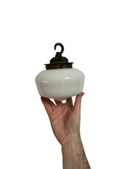 Small Petite Antique Vintage Opaline Milk Glass Brass Ceiling Pendant Light Lamp