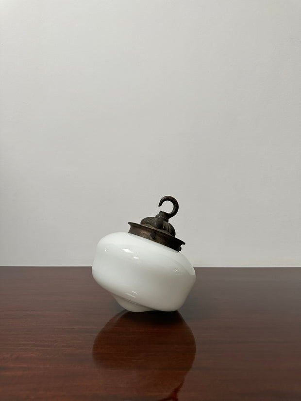 Small Petite Antique Vintage Opaline Milk Glass Brass Ceiling Pendant Light Lamp