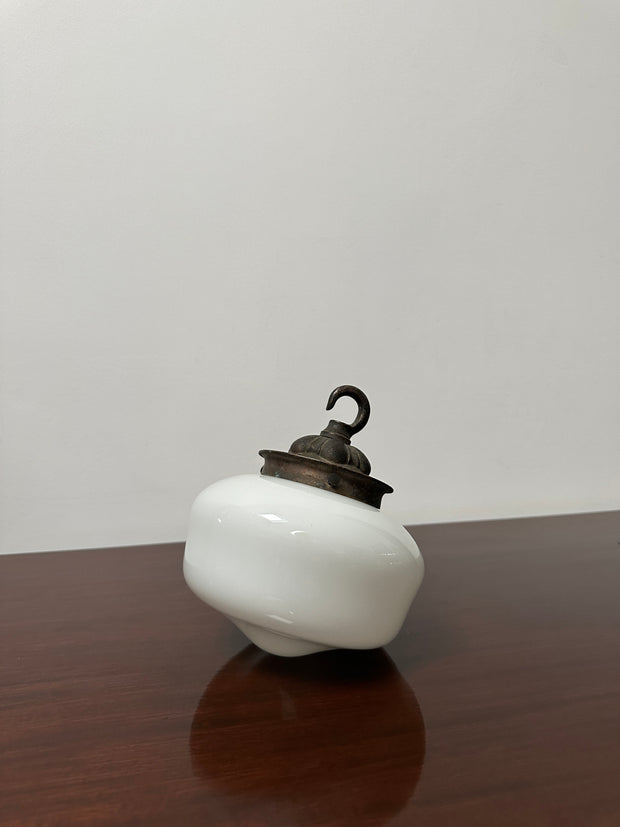 Small Petite Antique Vintage Opaline Milk Glass Brass Ceiling Pendant Light Lamp