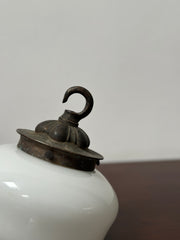 Small Petite Antique Vintage Opaline Milk Glass Brass Ceiling Pendant Light Lamp