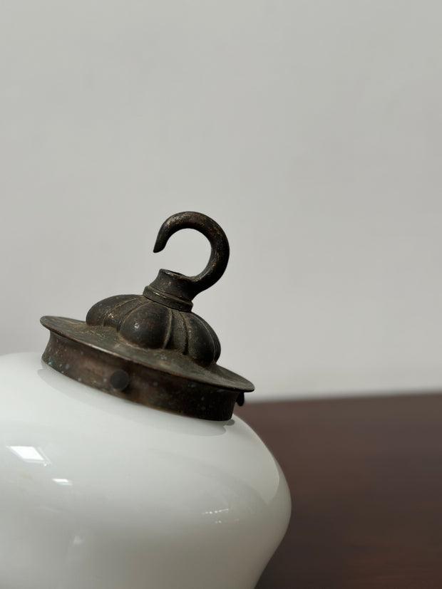 Small Petite Antique Vintage Opaline Milk Glass Brass Ceiling Pendant Light Lamp