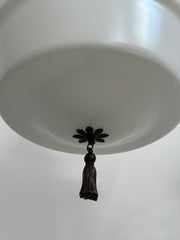 Pair Antique Vintage Satin Opaline Milk Glass Ceiling Pendants Light With Finials
