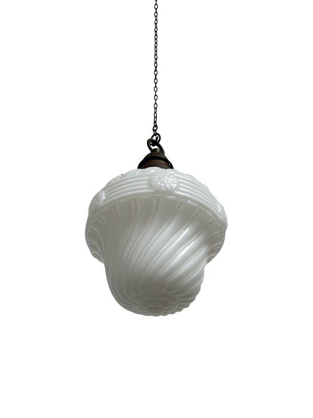 Antique Edwardian Satin Opaline Milk Glass Ceiling Pendant Light