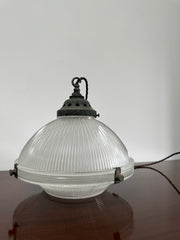Vintage Antique Industrial Two Part Holophane Pendant Ceiling Light Lamp