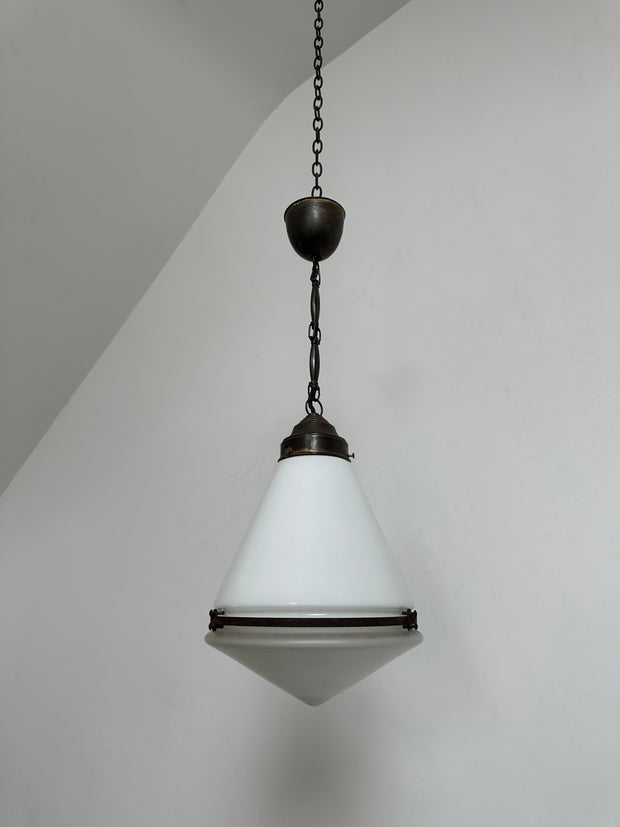Antique Vintage Industrial Conical Opaline Milk Glass Ceiling Pendant By Peter Behrens