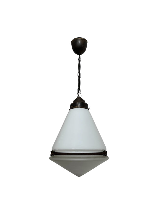 Antique Vintage Industrial Conical Opaline Milk Glass Ceiling Pendant By Peter Behrens