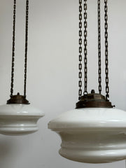 Pair XL Antique Copper Art Deco Opaline Milk Glass Ceiling Chandeliers By Sunco
