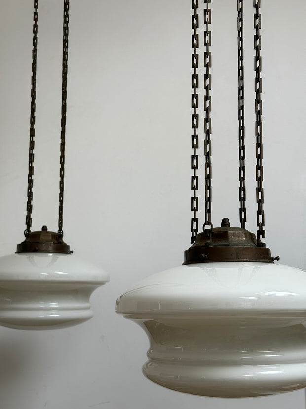 Pair XL Antique Copper Art Deco Opaline Milk Glass Ceiling Chandeliers By Sunco