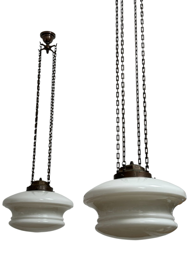 Pair XL Antique Copper Art Deco Opaline Milk Glass Ceiling Chandeliers By Sunco