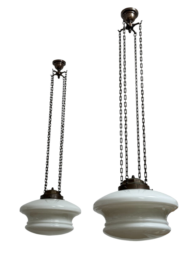 Pair XL Antique Copper Art Deco Opaline Milk Glass Ceiling Chandeliers By Sunco