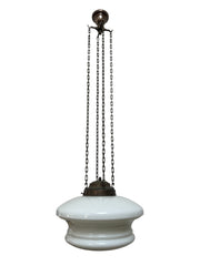 Pair XL Antique Copper Art Deco Opaline Milk Glass Ceiling Chandeliers By Sunco