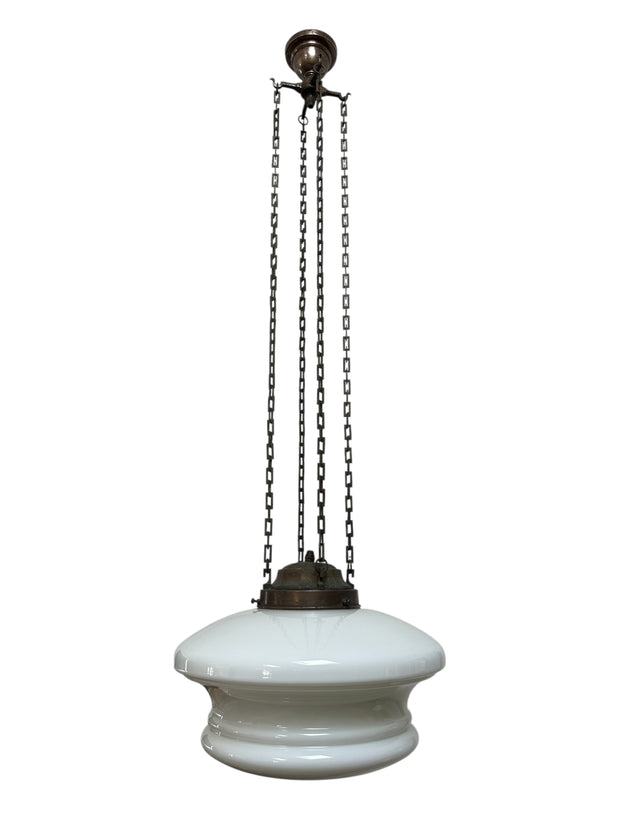 Pair XL Antique Copper Art Deco Opaline Milk Glass Ceiling Chandeliers By Sunco