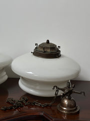 Pair XL Antique Copper Art Deco Opaline Milk Glass Ceiling Chandeliers By Sunco