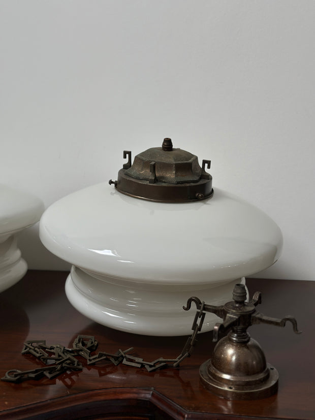 Pair XL Antique Copper Art Deco Opaline Milk Glass Ceiling Chandeliers By Sunco
