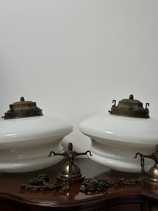 Pair XL Antique Copper Art Deco Opaline Milk Glass Ceiling Chandeliers By Sunco