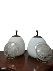 Set Run Antique Vintage Diffused Tulip Opaline Milk Glass Ceiling Pendants By Sunglow